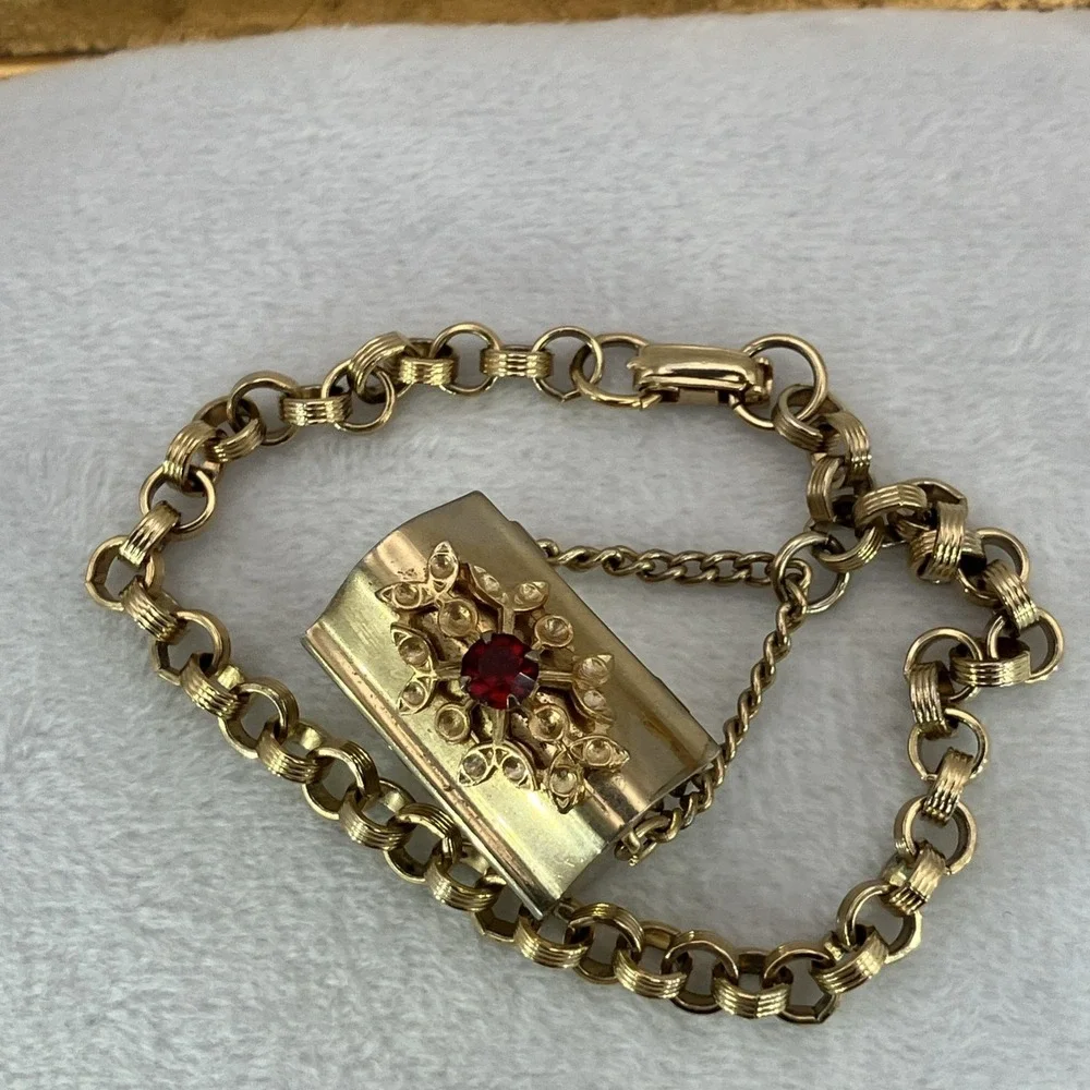 Vintage Charm Bracelet Red Crystal Treasure Chest Opens Whimsical Kitschy Quirky